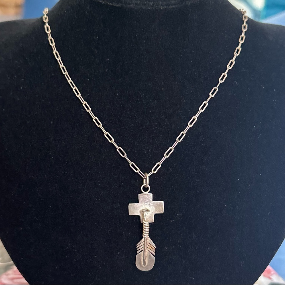 Vintage Old Pawn Sterling Silver Cross Feather Pendant Necklace Signed PS